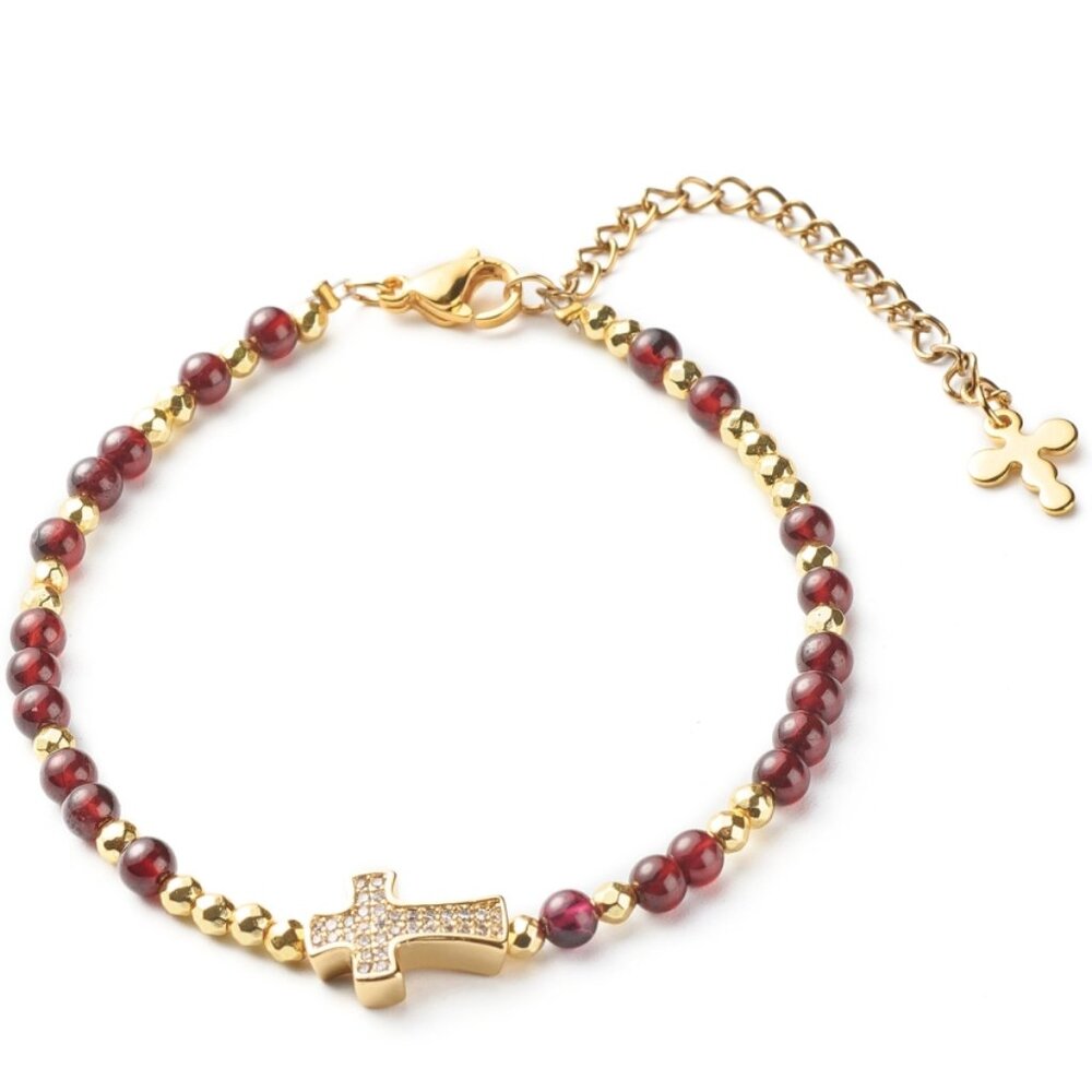 Dainty Cross W Pave Cz & Natural Garnet, Adjustable Gemstone bracelet HANDMADE - Picture 1 of 6